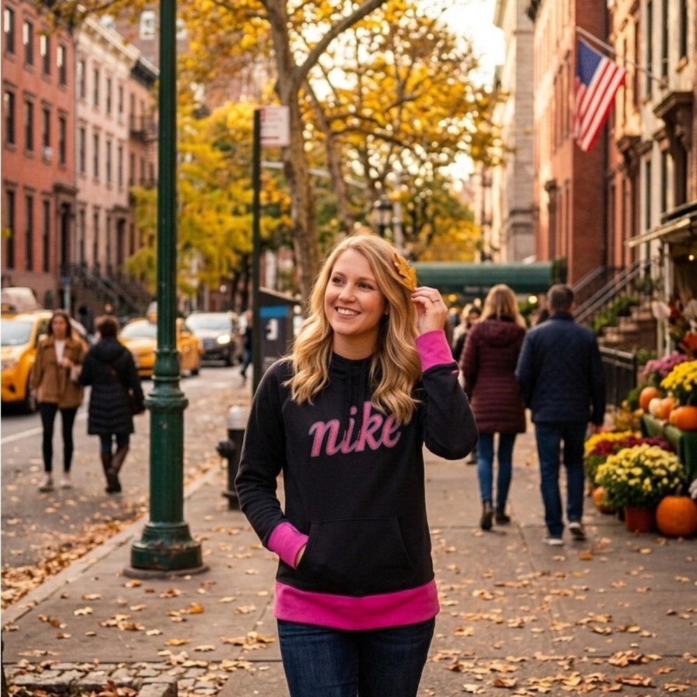 Nike Black Hoodie Women’s Large Size Black Pink Pullover Sweatshirt Y2K
